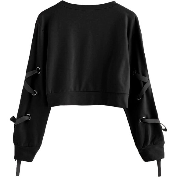 Women’s Crop Top Sweatshirt Long Sleeve Lace Up Casual Fall Spring - Picture 2 of 5